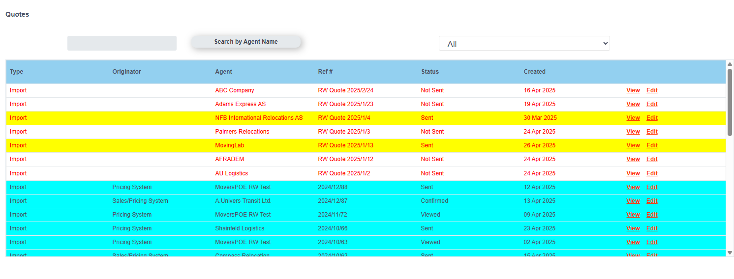 Agent Quoting System quote list